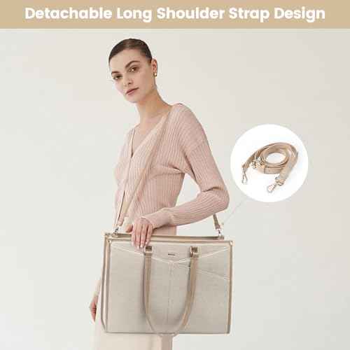 LOVEVOOK Laptop Bag for Women, 15.6 inch Laptop Tote Work Teacher Bags Cancas Computer Shoulder Bag,Canvas/Apricot Beige