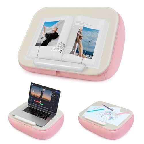 elitehood Bean Bag Laptop Lap Desk, Soft Cushion Stand for Book, Laptop, Tablet, Book Holder for Reading in Bed, Lap Pillow Desk Ideal for Working, Writing and Relaxation on Bed, Couch, Recliner, Pink