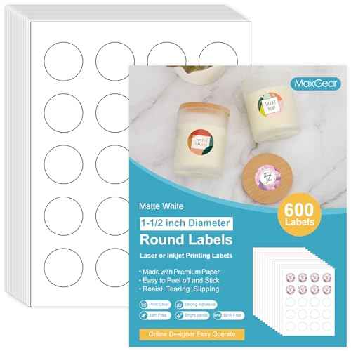 MaxGear 1.5" Round Sticker Labels, for Inkjet or Laser Printer, Matte White Printable Labels Sheets, Strong Adhesive, Dries Quickly, Holds Ink Well, 30 Sheets, 600 Pcs