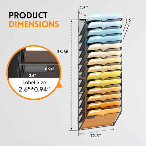 SUPEASY 14-Tier Wall File Organizer Mesh Office Mail Holder, Hanging Wall Organizer Magazine Rack for Office Black