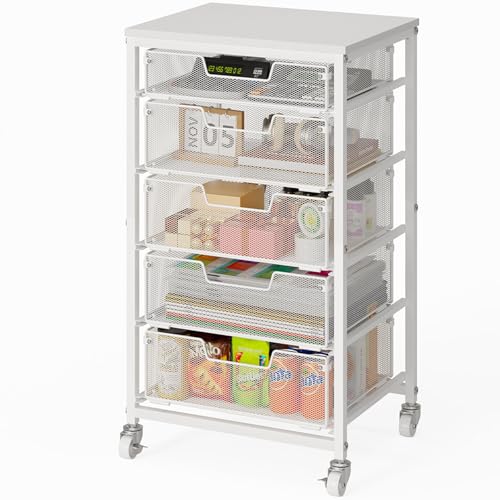 Utility Cart with 5 Drawers, Rolling Storage Cart with Wooden Tabletop and Lockable Wheels, Storage Drawer Cart Craft Cart for Bedroom, Classroom, Home, Office, White