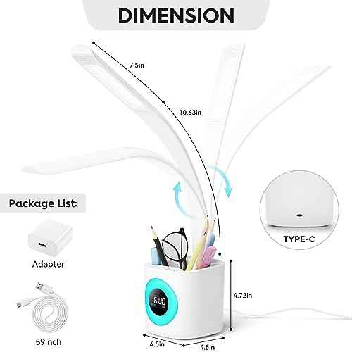 Hokone Desk Lamp for Kids, LED Desk Light for Home Office Dimmable USB Table Lamps with Clock Pen Holder Adjustable Desk Lamps with Color Night Lamp,Children's Christmas Gifts White