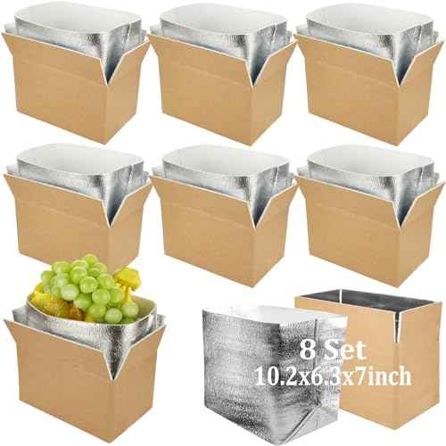 Acrux7 8 PCS Insulated Shipping Boxes with Aluminum Foil Liners and Bags, 10.2"x6.3"x7.1" Thermo Chill Insulated Shipping Box for Cold Shipping Frozen Food, Large Cooler Carton for Mailing Packing