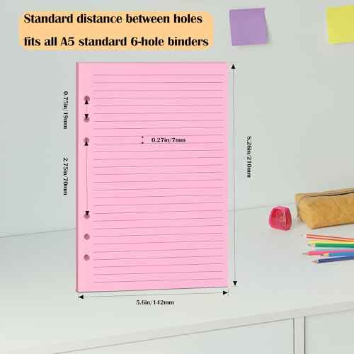 A5 Colorful Lined Filler Paper, 6-Hole Punched, 120GSM Loose-Leaf Paper and Planner Inserts for Notebooks, Journals, and Study Notes,50 Sheets/100 Pages