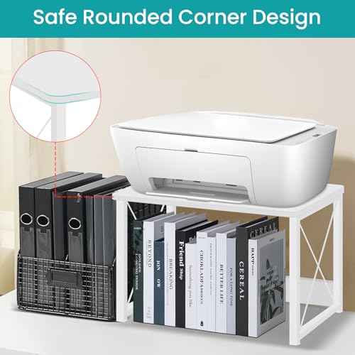 ELITEROO Desktop Printer Stand with Storage, Printer Stand Shelf Desk Organzier for Home/Office, Modern Wood Printer Riser Under Desk Small Table for Printer Fax Machine Copier Scanner (White)