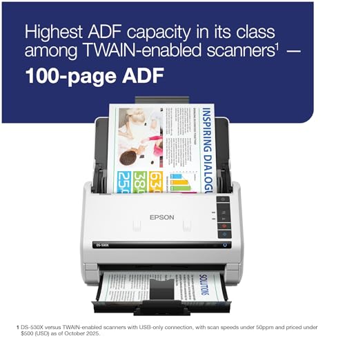Epson DS-530X Color Duplex Desktop Document Scanner with 45ppm, 100-Page ADF, USB, Twain & ISIS Drivers