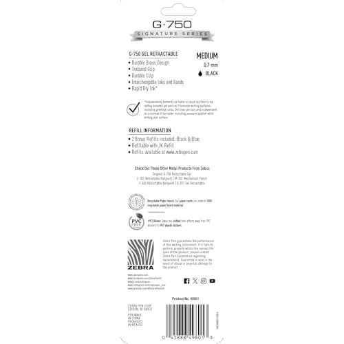Zebra Pen G-750 Retractable Gel Pen, Pearl White Brass Barrel, Textured Grip, 0.7mm, 1-Pack with Refills (49801)