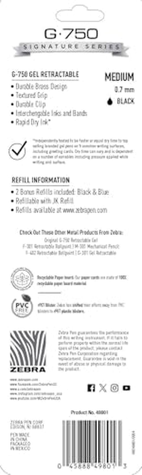 Zebra Pen G-750 Retractable Gel Pen, Pearl White Brass Barrel, Textured Grip, 0.7mm, 1-Pack with Refills (49801)