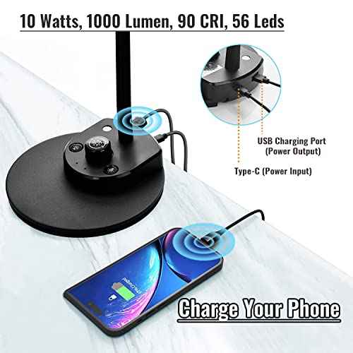 LED Desk Lamp, Desk Light with USB Charger, 3 Color Temperature and 20 Brightness Levels, Eye-Caring Metal Desk Light for Office and Bedroom, 10W, 1000 Lumens, Adapter Included (Black)