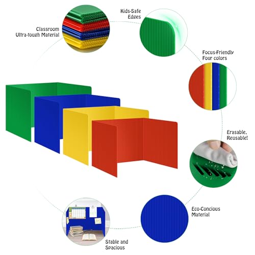 24 Pack Colorful Privacy Floders for Student Desks - Durable Plastic Erasable - Testing Dividers for Classroom - Easy Clean Privacy Shields for Student Testing Desk dividers- Includes Extra Labels