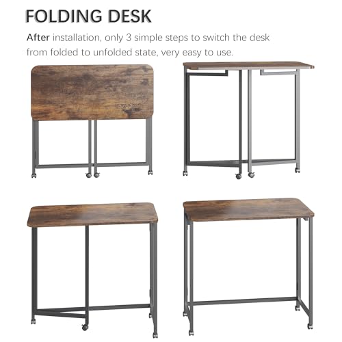 4NM 27.5-Inch Portable Folding Computer Desk with Wheels - Rustic Brown & Black, Easy Assembly, Small Space Office Cart