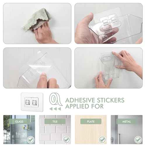 Clear Adhesive Wall Storage Bins, Small 4 Pack Cabinet Door Organizer Holders, Hanging Wall Mount Pockets, Plastic Cups for Shower Bathroom Makeup Office Craft Remote Kitchen Sink RV Organization