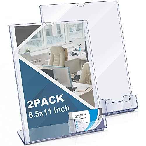 Vicenpal Acrylic Flyer Stand Sign Holder with Business Card Holder 8.5 x 11 Clear Brochure Display Stand with Business Card Pocket for Magazine Pamphlet Booklets Menu Desktop(4 Pcs)