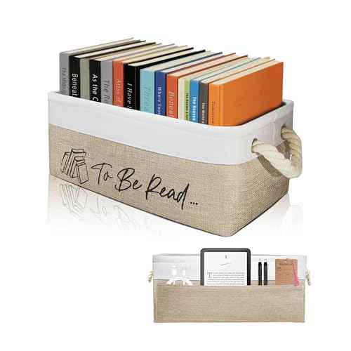 Book Lovers Gifts TBR Book Storage Basket with Back Side Pocket to Be Read List Storage Bin Reading Accessories for Club Members & Librarians Bookish Gifts (White and Brown)