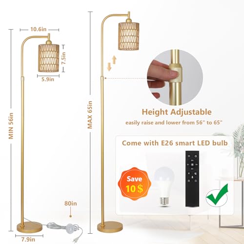 Modern Gold Floor Lamps for Living Room, Boho Rattan Floor Lamp with Remote & Dimmable LED Bulb, Farmhouse Standing Lamp with Rattan Shades, Minimalist Tall Pole Lamp for Bedroom Office