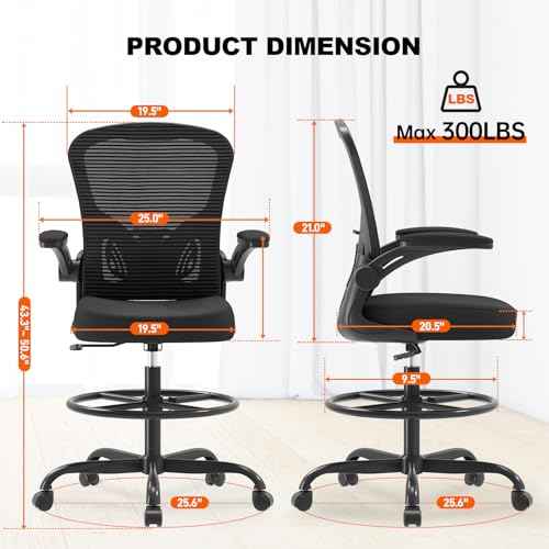 Ergonomic Drafting Chair, Tall Office Chair with Flip-up Armrests, Breathable Mesh High Desk Chair with Lumbar Support Adjustable Footrest Ring for Standing Desk Black