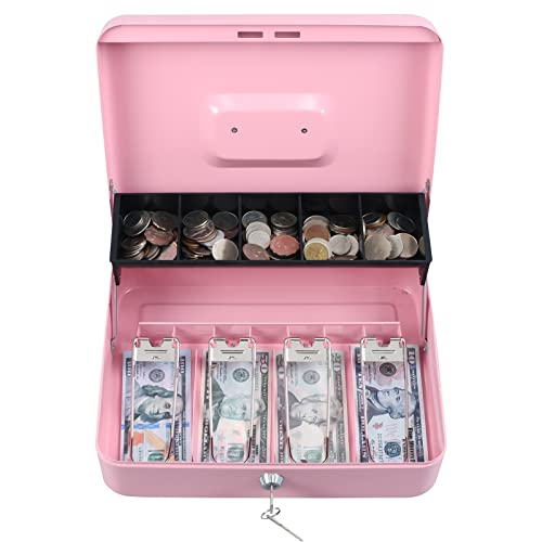 Pink Key Lock Cash Box with Secure Metal Storage for Coins & Bills