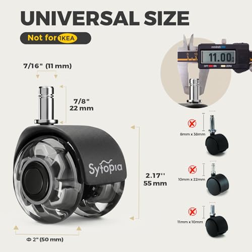 Sytopia Grey 2-Inch Office Chair Casters Set of 5 - Smooth Universal Fit, Quiet Rubber Wheels for Carpet & Hardwood Floors