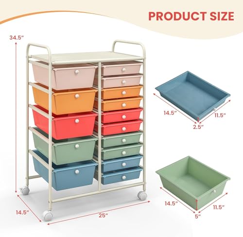 LDAILY Macaron 15-Drawer Rolling Storage Cart with Lockable Wheels for Home & Office