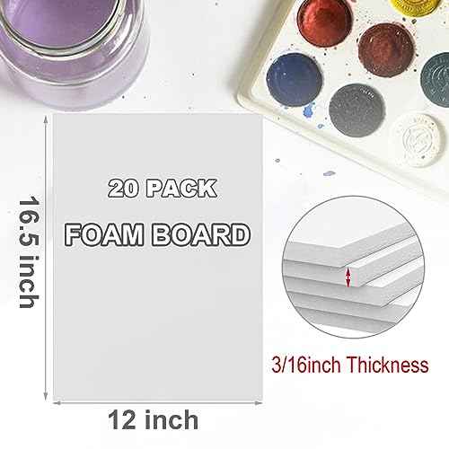 20 Pack White Foam Boards 12x16.5 inch, 3/16" Thick Foam Core Board for Projects, White Bulk Poster Board for Signboards, A3 Styrofoam Boards Sheets Perfect for Crafts, Art, Display