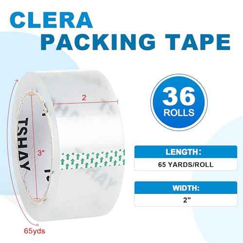 TSHAY Packing Tape, 36 Pack Heavy Duty Shipping and Moving Packing Tape, Clear, Packing and Moving Supplies, 2.0 inch Wide, 65 Yards Per Roll, Total 2340 Yards