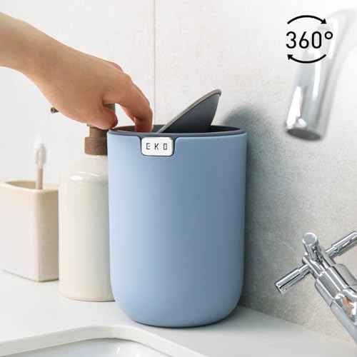 EKO Mini Desk Trash Can with Swing-Top Lid 0.4 Gallon Small Table Round Wastebasket for Office, Home, Car (Blue)