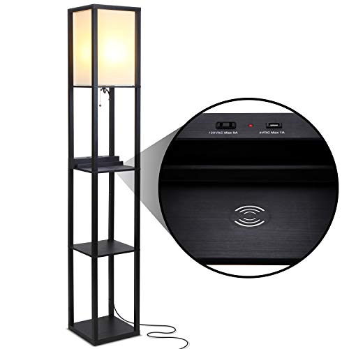 Brightech Maxwell ? Modern Shelf Floor Lamp with USB Ports, Wireless Charging & Outlet ? Versatile Corner Display and Lamp with Shelves, Storage Solution for Living Room, Office, Bedroom ? Black