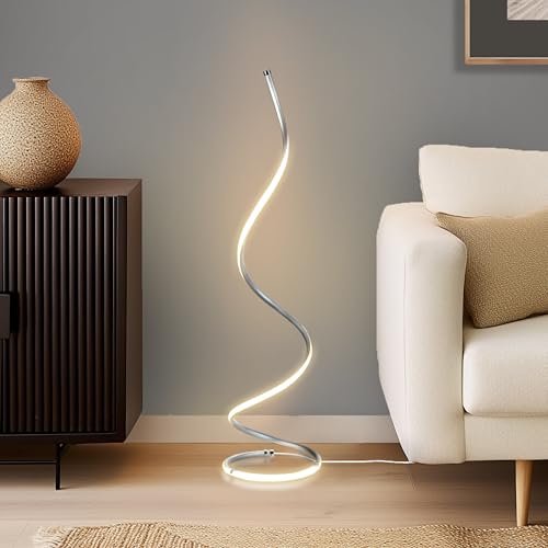Brightech Allure 37' LED Spiral Floor Lamp Dimmable, Unique Curved Design for Offices & Living Rooms Platinum