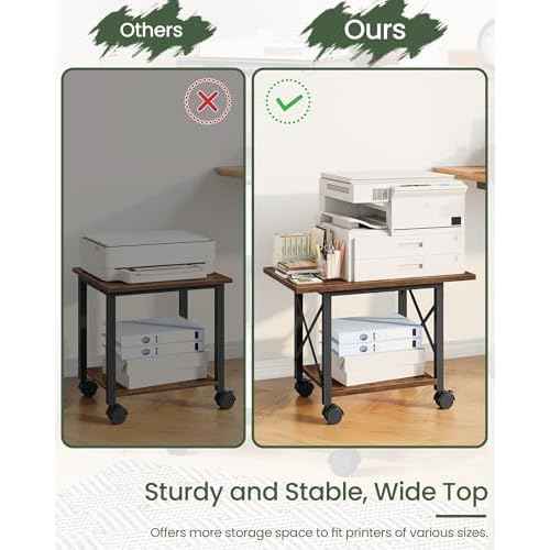 23.6" Under Desk Printer Stand, 2-Tier Printer Table with Wheels Adjustable Feet for Home Office, Study, Living Room, Rustic Brown and Black TPS01BF
