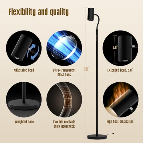 GLOWRIUM LED Floor Reading Lamp, Dual-Side Reading Light with Remote, No Blue Light, No Glare, 5 Color Temperatures, Stepless Dimming, 360¡Æ Rotating Gooseneck Lamp, No Flicker, Uniform Illumination