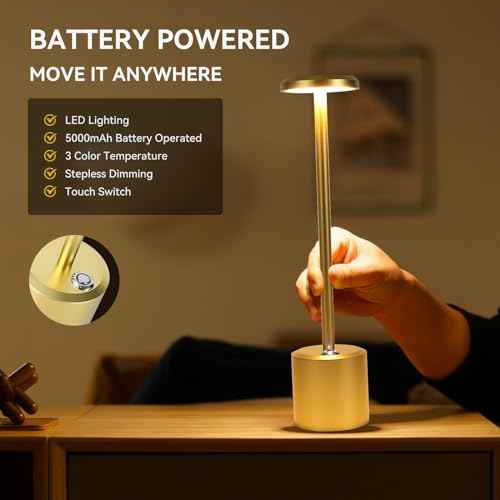 Rechargeable LED Wireless Touch Desk Lamps Set of 2, 5000mAh Battery Operated Lamp, 3 Color Modes with Memory Function and Stepless Dimming Desk Lamp for Restaurant/Bedroom/Terrace (Gold)