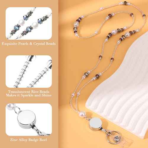 Lanyards for ID Badges and Keys, Retractable Badge Lanyard for Women, Beaded Teacher Lanyard with Badge Reel and ID Holder, Graceful Pearls and Crystals