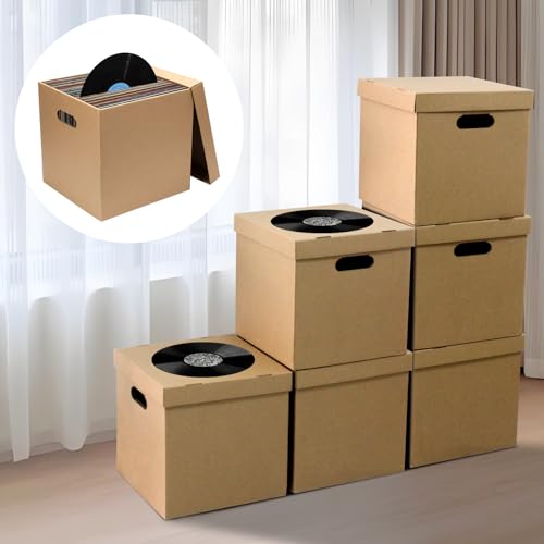 5 Pcs 12'' Cardboard Vinyl Record Storage Box, Moving Box with Double Thickness Handles and Lids Record Album Storage Crate, Cardboard Crate for Album Vinyl Storage