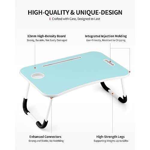 Foldable Laptop Table, Portable Lap Desk Bed Table Tray, Laptop Stand with Cup Holder & Tablet Slot & Lifting Handle for Working Writing Drawing & Eating (Blue)