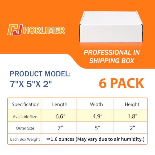HORLIMER 7x5x2 Small Shipping Boxes Set of 6 White Corrugated Mailer Boxes for Packing & Mailing