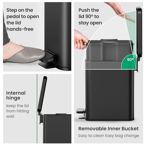 Cesun Small Bathroom Trash Can with Lid, 2.6 Gallons, Black, Soft Close