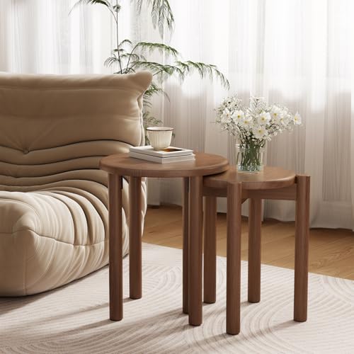 Walnut 4-Piece Solid Wood Stackable Stools Set – 18 Inch Interlocking Coffee Table Chairs