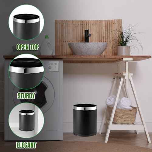 Invisi-Overlap' Metal Trash Can, Open Top Small Office Wastebasket, Round Shape (Black)