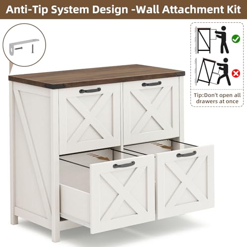 Halitaa Farmhouse Lateral File Cabinet with 4 Drawers – Rustic White and Brown