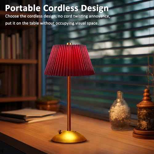 Cordless Metal Desk Lamp,Touch Sensor Control LED Table Lamp,3 Way Dimmable Nightstand Lamp with Fabric Shade Desk Lamp for Living Room (Red)