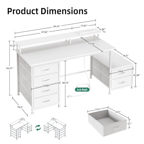 52 Inch White Office Desk with 6 Storage Drawers, Reversible Printer Shelf & Power Outlets