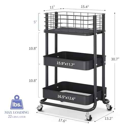 KINGRACK 3 Tier Rolling Cart, Metal Mobile Storage Shelf with Lockable Wheels, Utility Trolley Cart with Wheels, Storage Organizer for Kitchen, Office, Bathroom, Dorm, Black