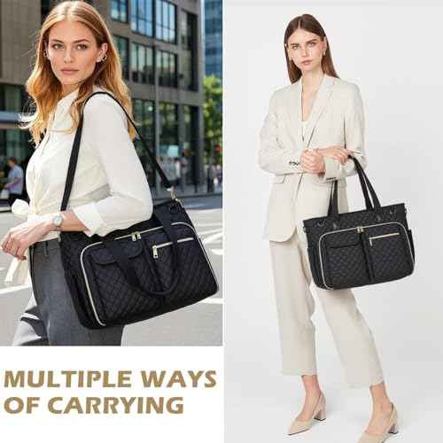 Teacher Tote Bag - 15.6 inch Laptop Teacher Bags for Women, Nurse Bags for Work, Nursing, College, Office & Commuter, Womens Briefcase Quilted Tote Handbag with Insulated Pockets, Black