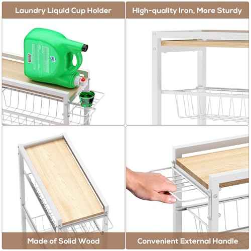 4 Tier Slim Rolling Storage Cart with Pull-Out Baskets, Narrow Sliding Storage Slim Laundry Cart Slim Rolling Kitchen Cart