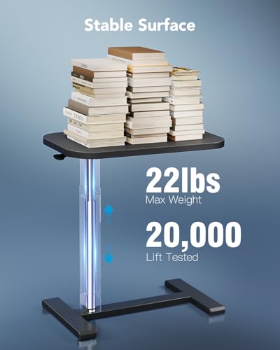 Large 32 Inch HUANUO Black Height-Adjustable Overbed Bedside Table with Wheels and Cup Holder