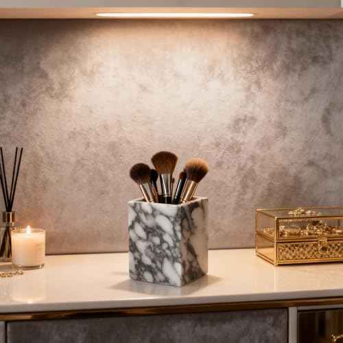 Marble Pen Holder, White Stone Rectangular Desktop Organizer, Office Study Makeup Brush Storage, Home Desk Decor, Minimalist Design, Durable Marble Accessory