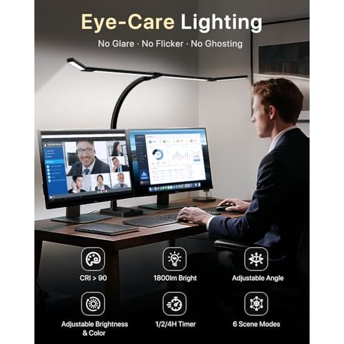 ONEMIX 42" LED Desk Lamp for Home Office, Eye-Caring Desk Light with Adjustable 4-Segment Bar, 1800LM Bright, Remote, Architect Table Lamp with Base for Dual Monitors, Reading, Study, Workbench(Black)