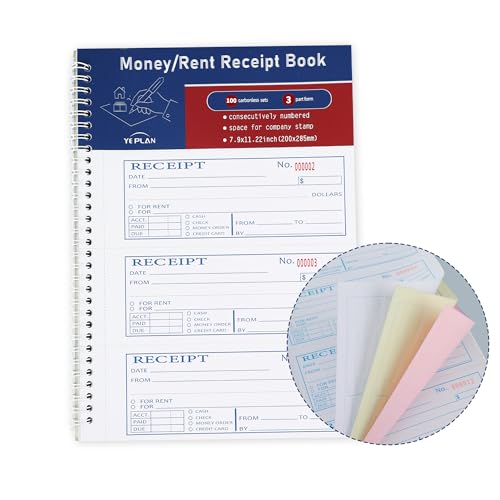Yeplan 7.9x11.22 in 3-Part Carbonless Rent Receipt Book, 100 Sets, Spiral