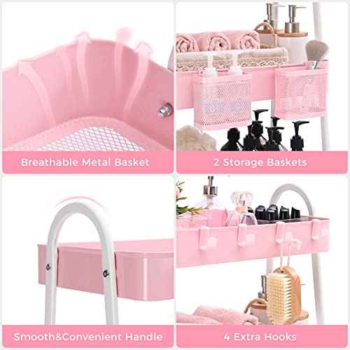 KINGRACK 3 Tier Utility Rolling Carts, Metal Rolling Storage Cart, Craft Art Cart with Handle and Locking Wheels & 2 Hanging Baskets 4 Hooks for Bathroom, Bedroom, Pink