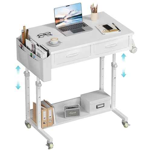 Small White Portable Rolling Standing Desk with Wheels, 32 Inch Adjustable Mobile Stand up Teacher Desks with 2 Fabric Drawers, Couch Sofa Side Laptop Table with Storage for Bedroom Home Office